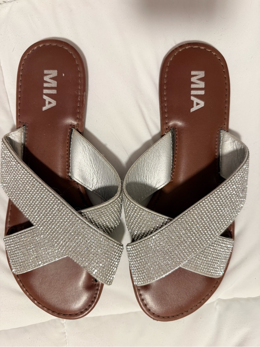 MIA Silver Crystal Crossband Slide Sandals for Women